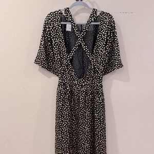 Sheer Kaftan Deep Plunge Neckline Gold and Black Print